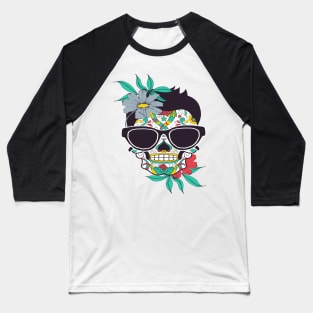 Sugar Skull with glasses and Flowers Baseball T-Shirt